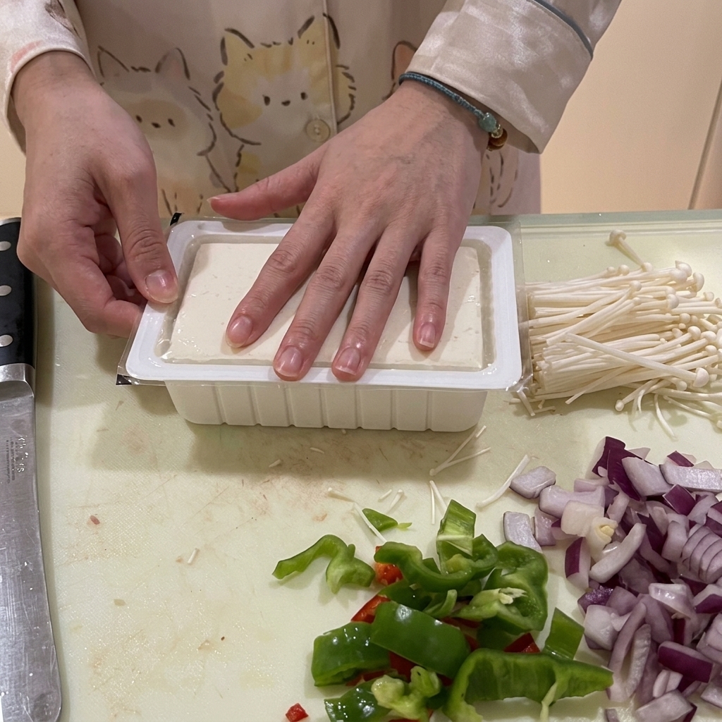 Kostka jedwabistego tofu wyjmowana z plastikowego opakowania poprzez odcięcie rogów.