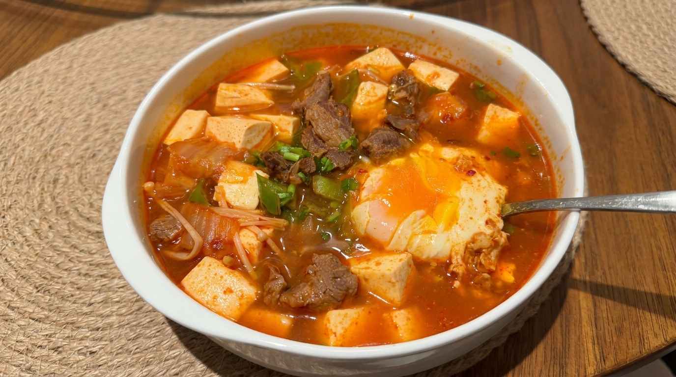 Pikantna koreańska zupa kimchi z wołowiną i tofu