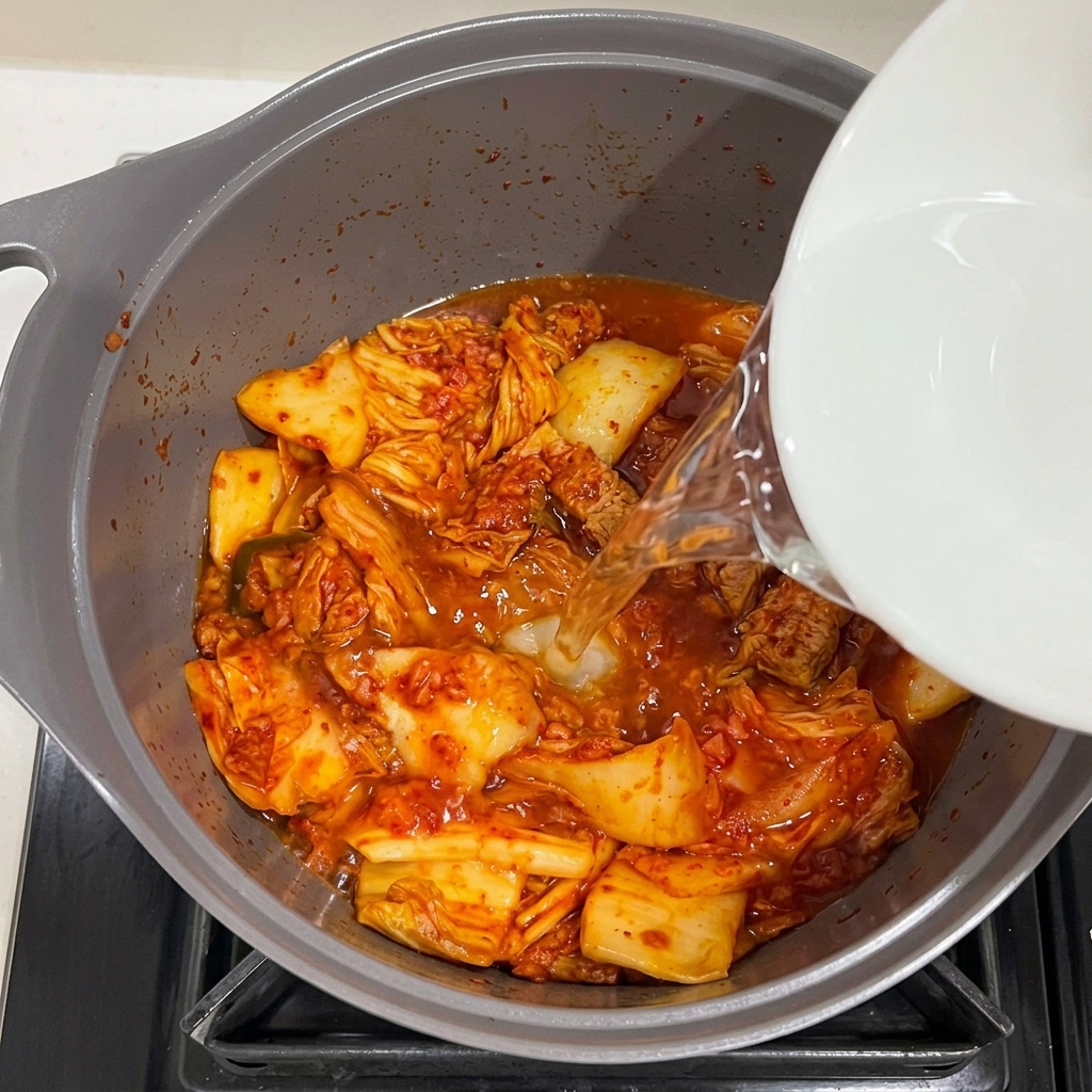 Wlewanie wody do garnka z kimchi i spamem, z dodatkiem posiekanego czosnku.