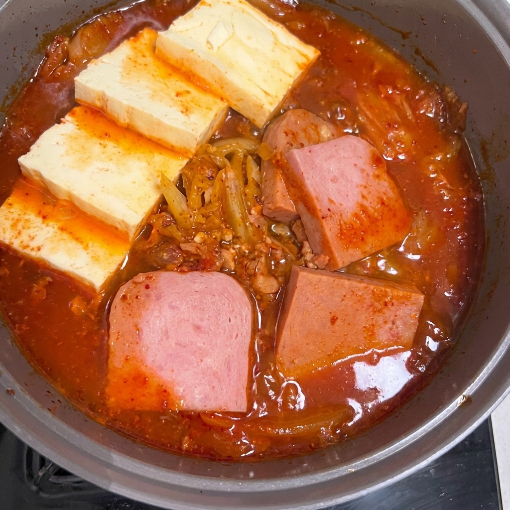 Gotowy gulasz kimchi, posypany świeżą papryką i szczypiorkiem.