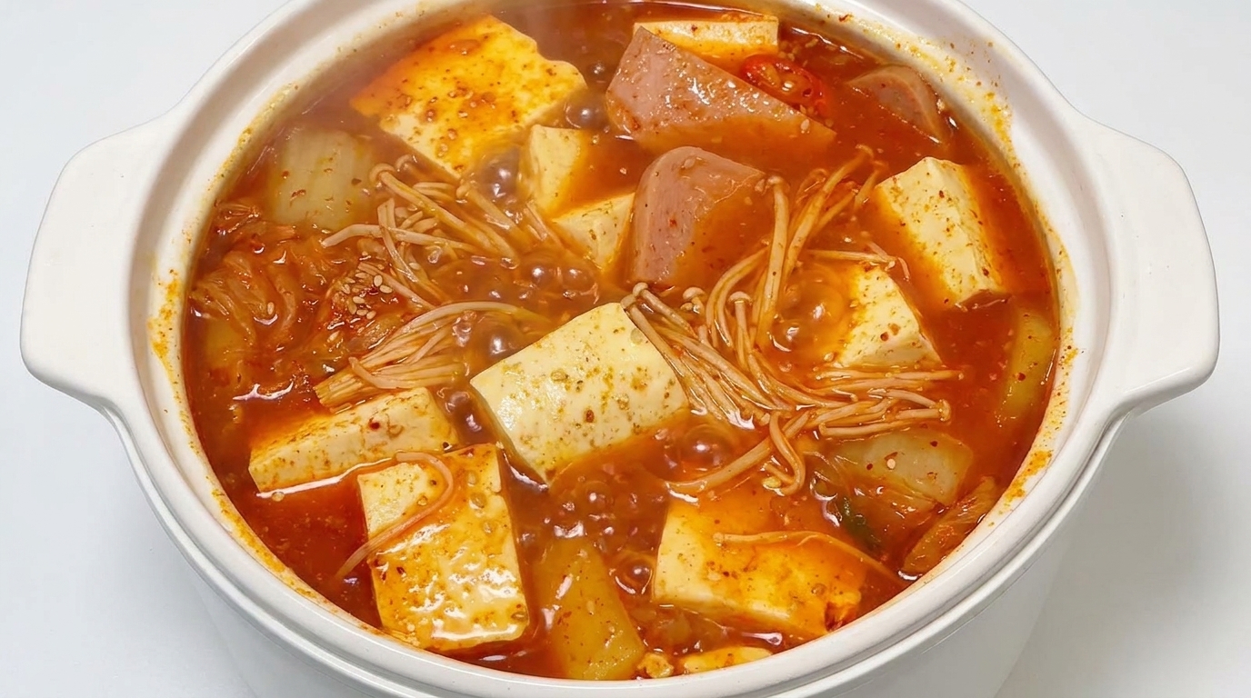 Bulgoczący garnek zupy kimchi z tofu, z kawałkami mielonki, grzybami enoki i żywym czerwonym wywarem.