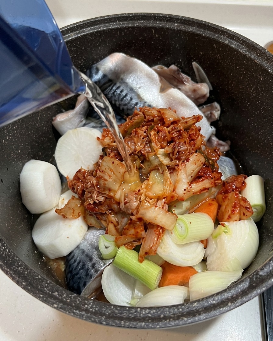 Woda wlewana z niebieskiego dzbanka do garnka z makrelą, rzodkwią i kimchi.