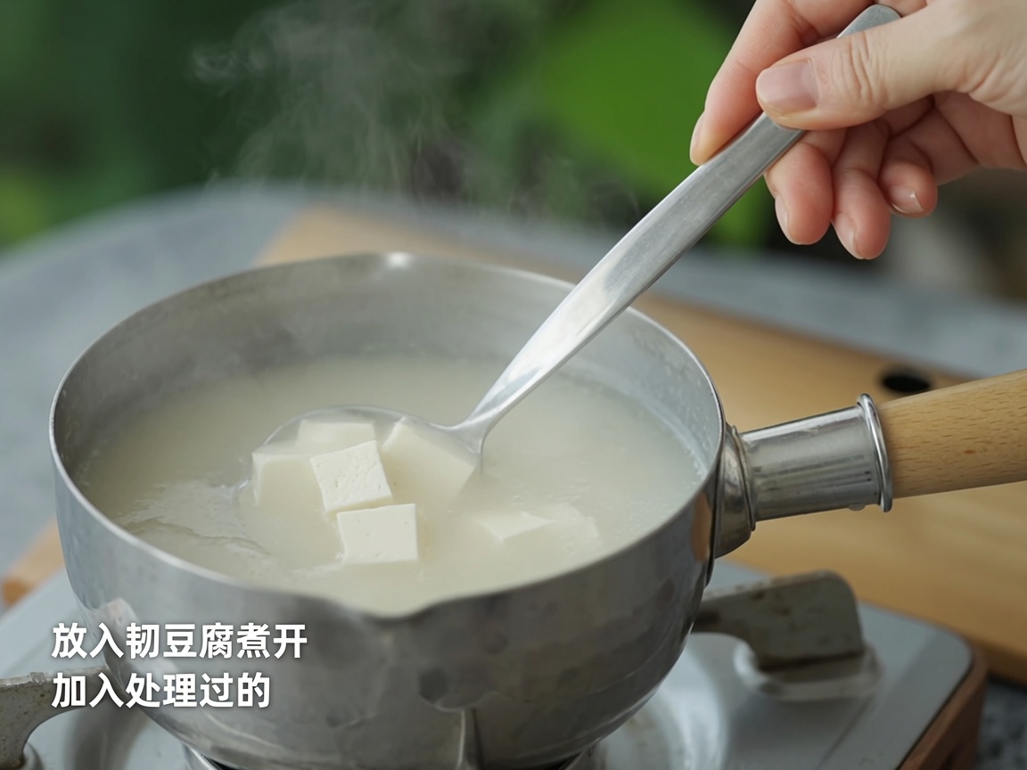 Kostki białego tofu wkładane łyżką do parującego bulionu miso.