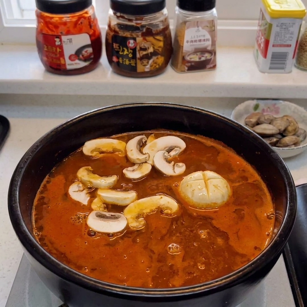 Pokrojone pieczarki wrzucane do woka z boczkiem, imbirem i czosnkiem.
