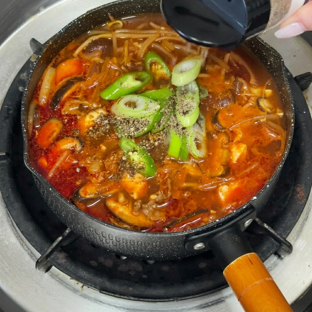 Sproszkowana pachnotka posypywana na wierzch gotowego, parującego gulaszu wołowego doenjang.