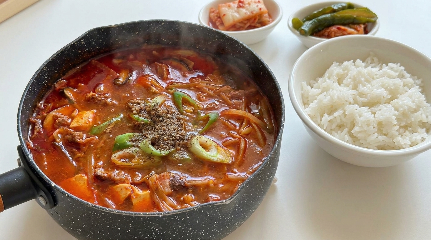Bulgoczący w czarnym garnku aromatyczny koreański gulasz wołowy Doenjang, podawany z białym ryżem i tradycyjnymi dodatkami.