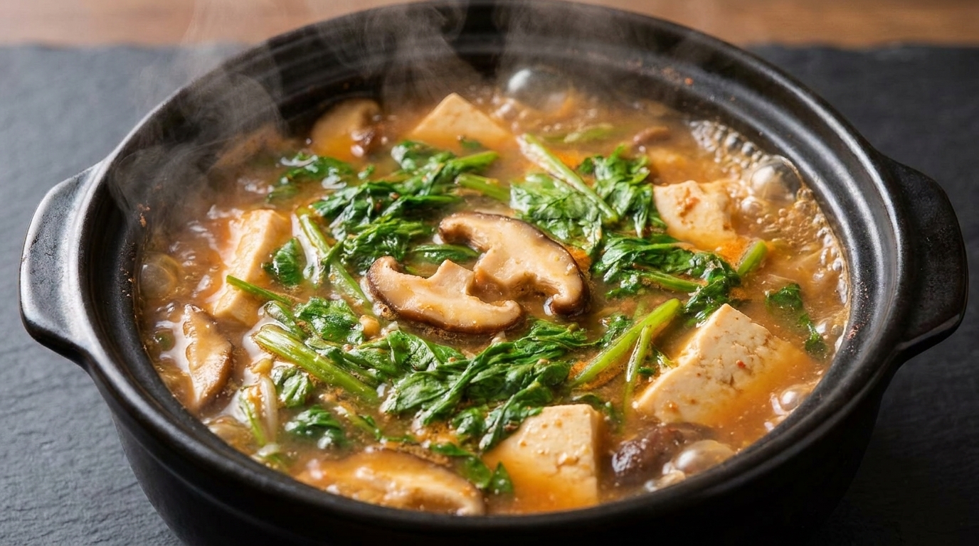 Gotujący się, aromatyczny koreański Doenjang-jjigae w glinianym garnku z tofu i grzybami shiitake.
