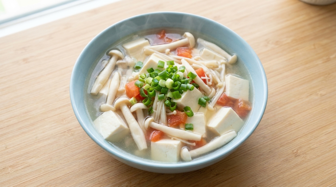 Zdrowa zupa z grzybami owocowymi i tofu