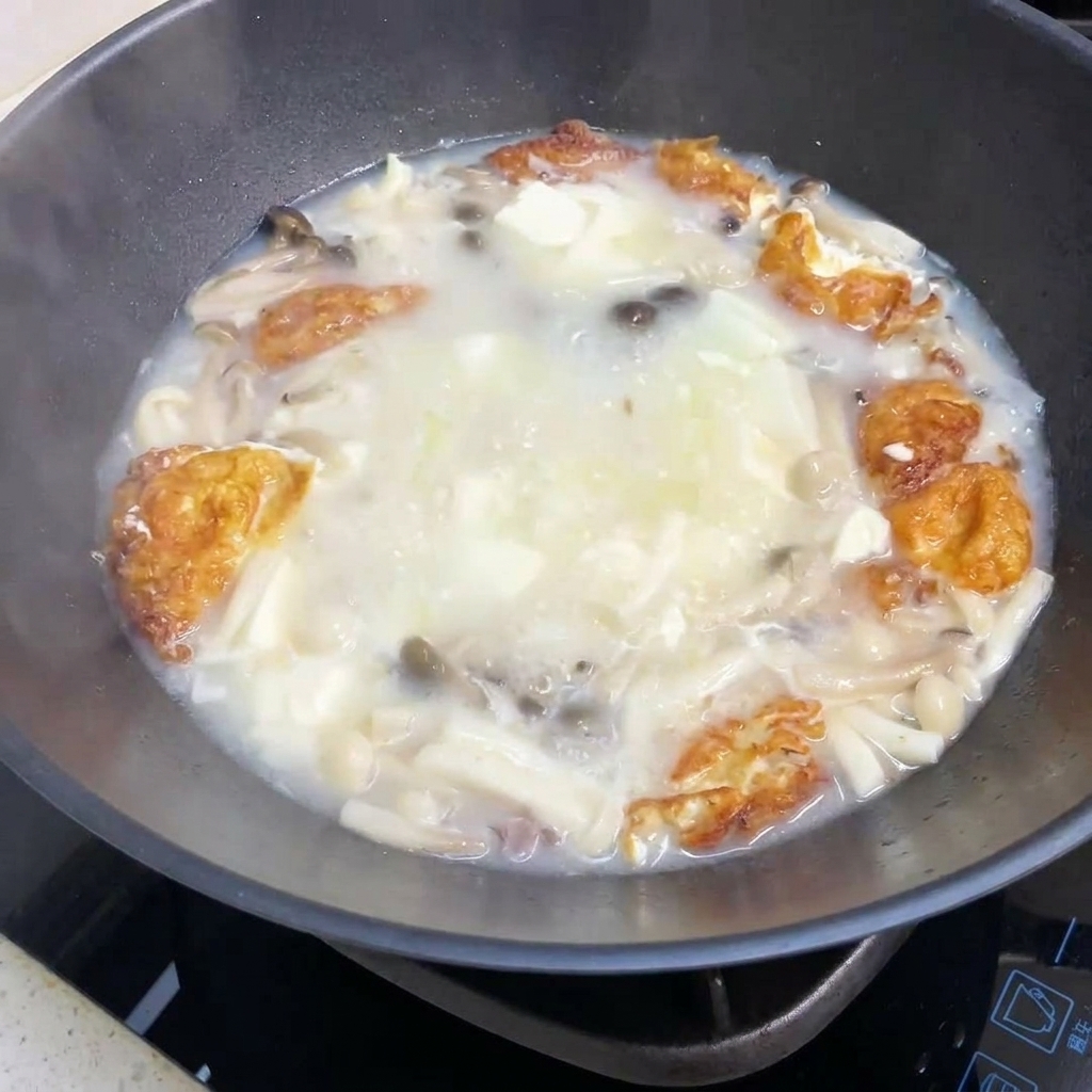 Zupa z grzybami i tofu gotująca się w woku, do której dodawane są przyprawy.