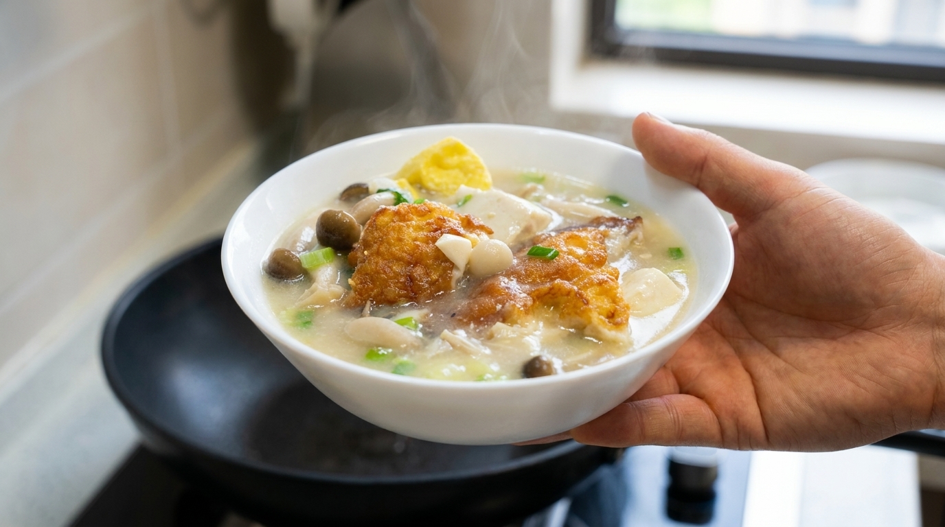 Złocista zupa z jajkiem sadzonym, grzybami i tofu