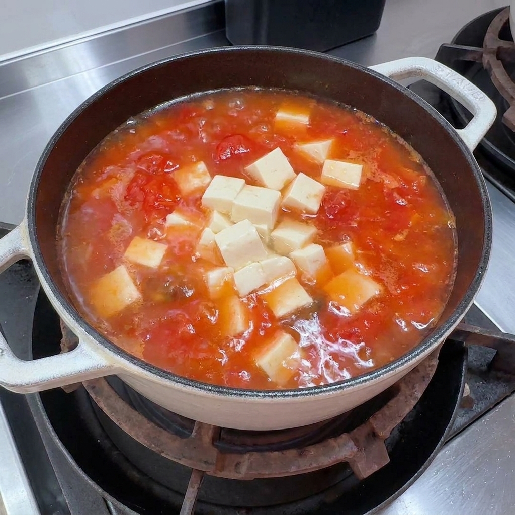 Kostki miękkiego tofu dodawane do bulionu pomidorowo-grzybowego.