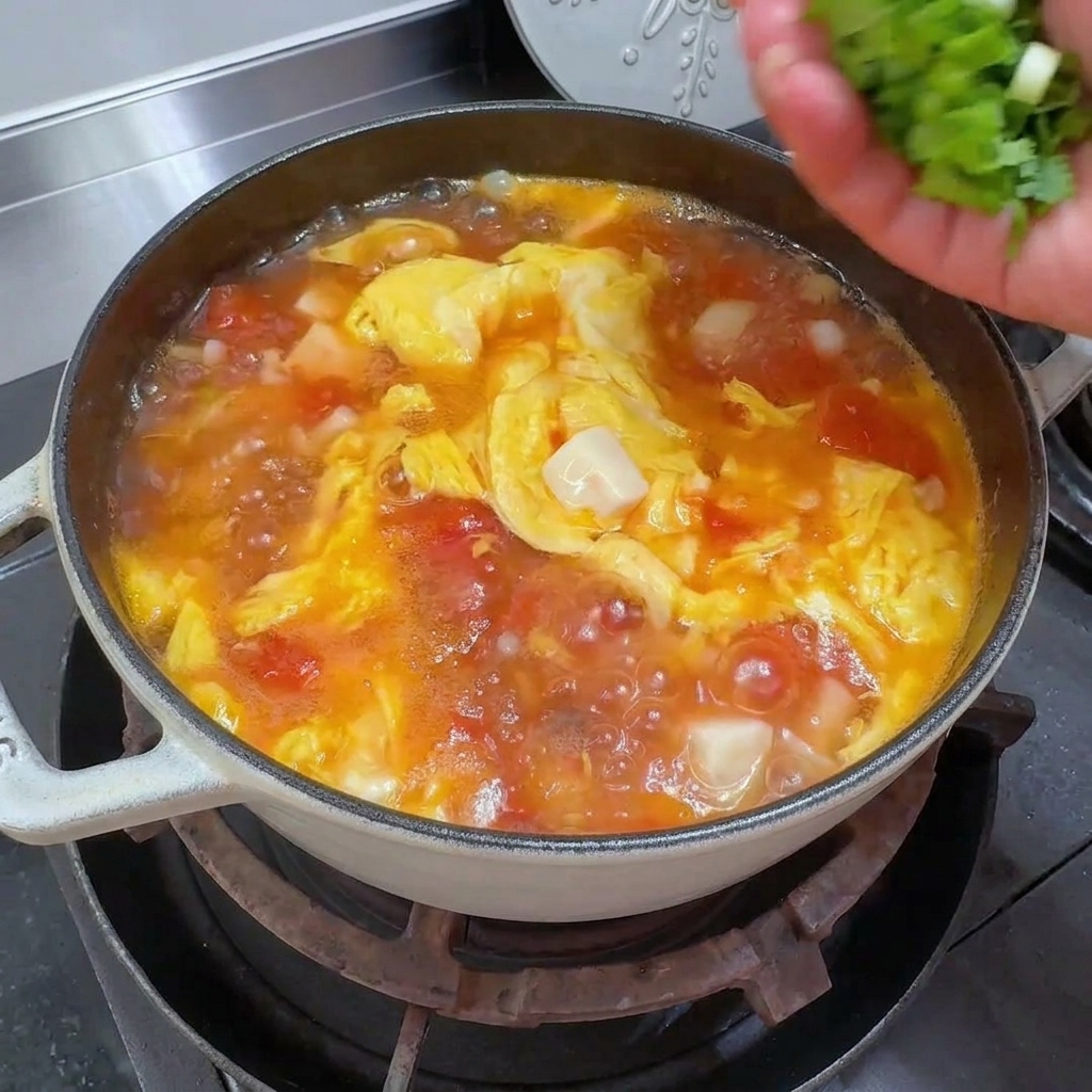 Zbliżenie na świeże liście kolendry posypywane na gotującą się zupę pomidorową z tofu i jajkiem.