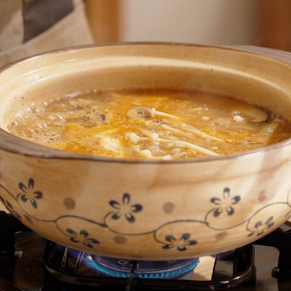 Kostki miękkiego tofu dodawane do gotującej się zupy.
