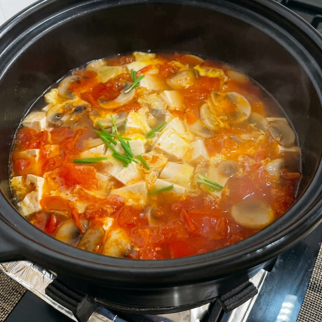 Zbliżenie na sól sypaną do gotującej się zupy pomidorowej z tofu.