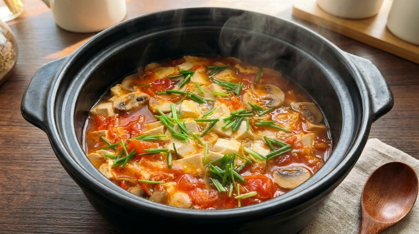Pożywna zupa pomidorowa z grzybami i tofu