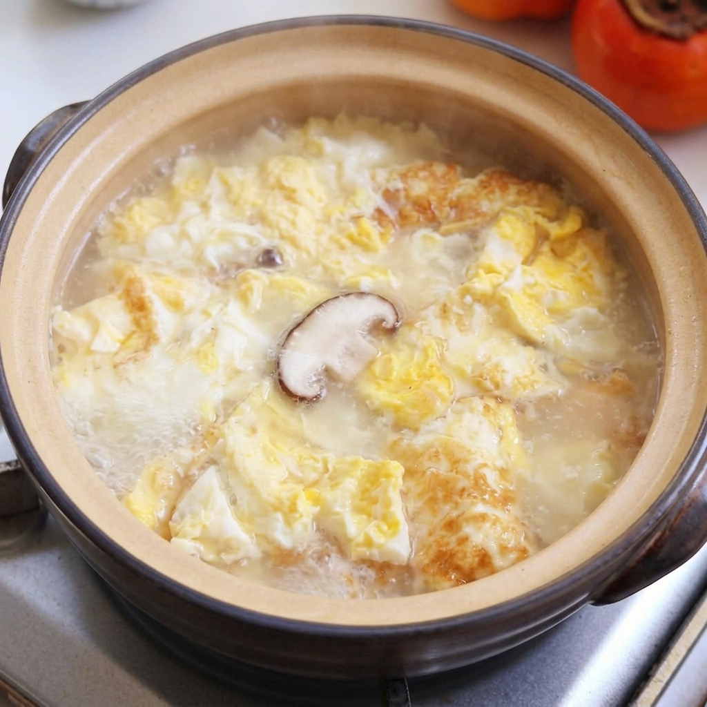 Grzyby shiitake, tofu i małże gotujące się w bulionie.