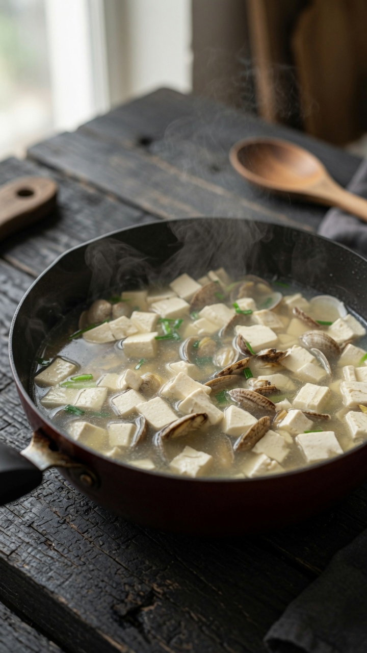 Parujący garnek zupy z małżami i tofu, udekorowany świeżą dymką.