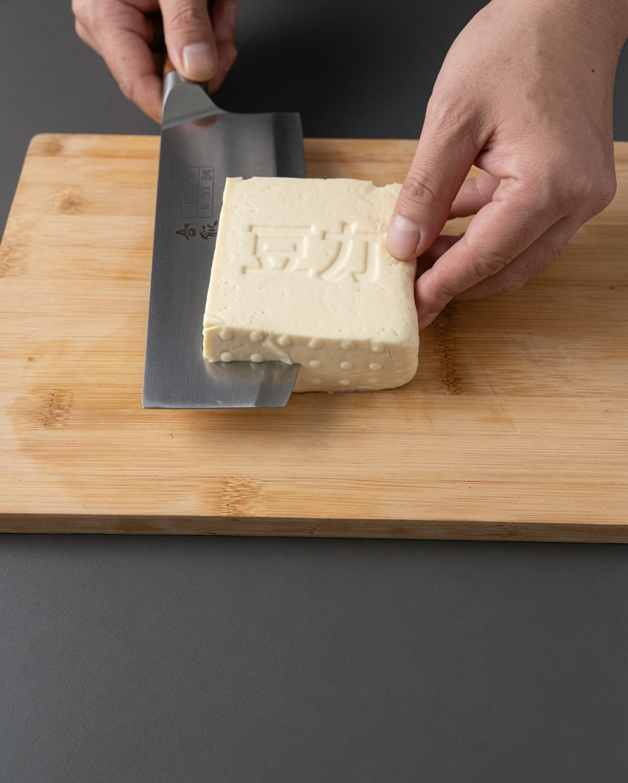 Kostka twardego tofu krojona w równe kawałki na drewnianej desce.