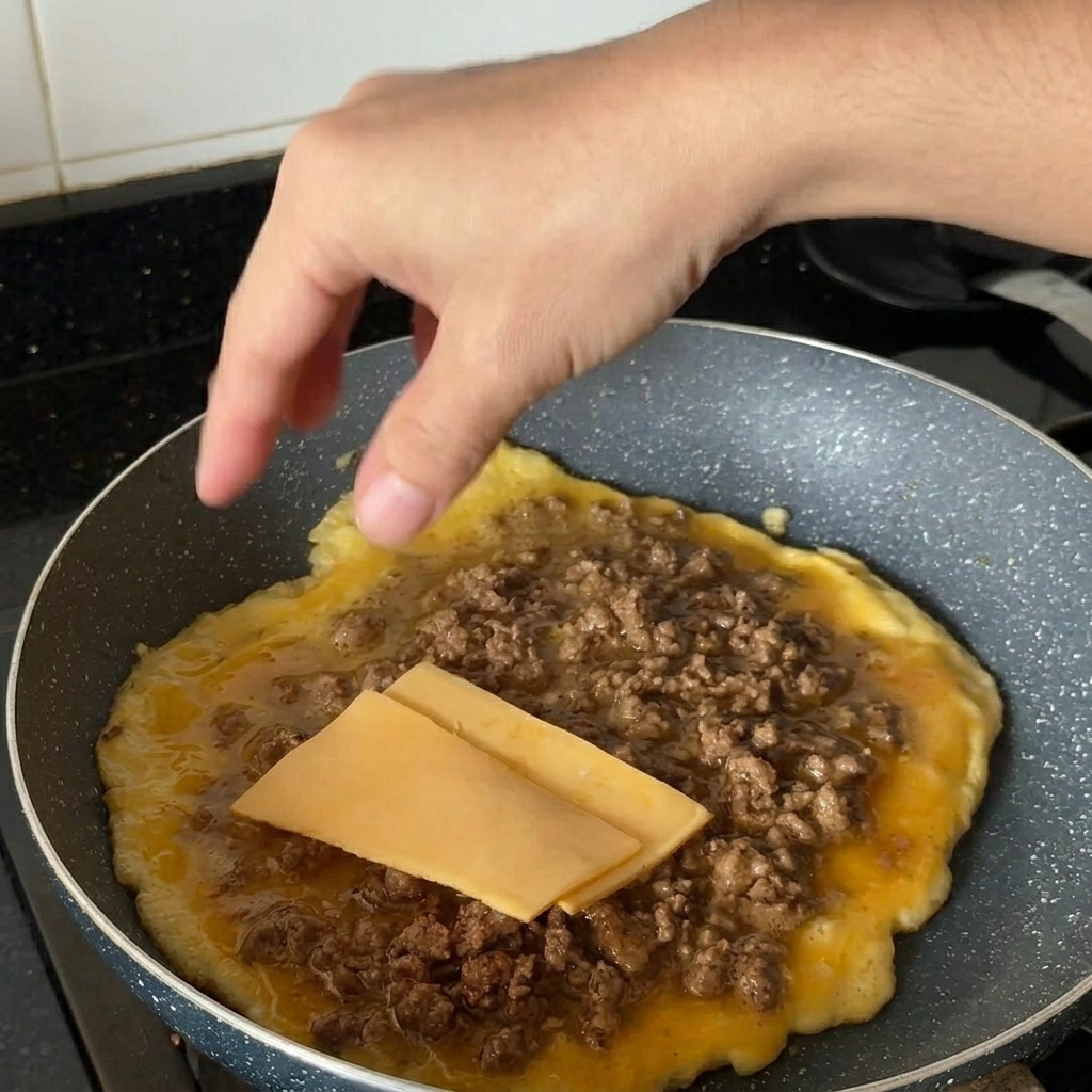 Dłoń układająca dwa plastry sera cheddar na gorącej masie jajeczno-wołowej.