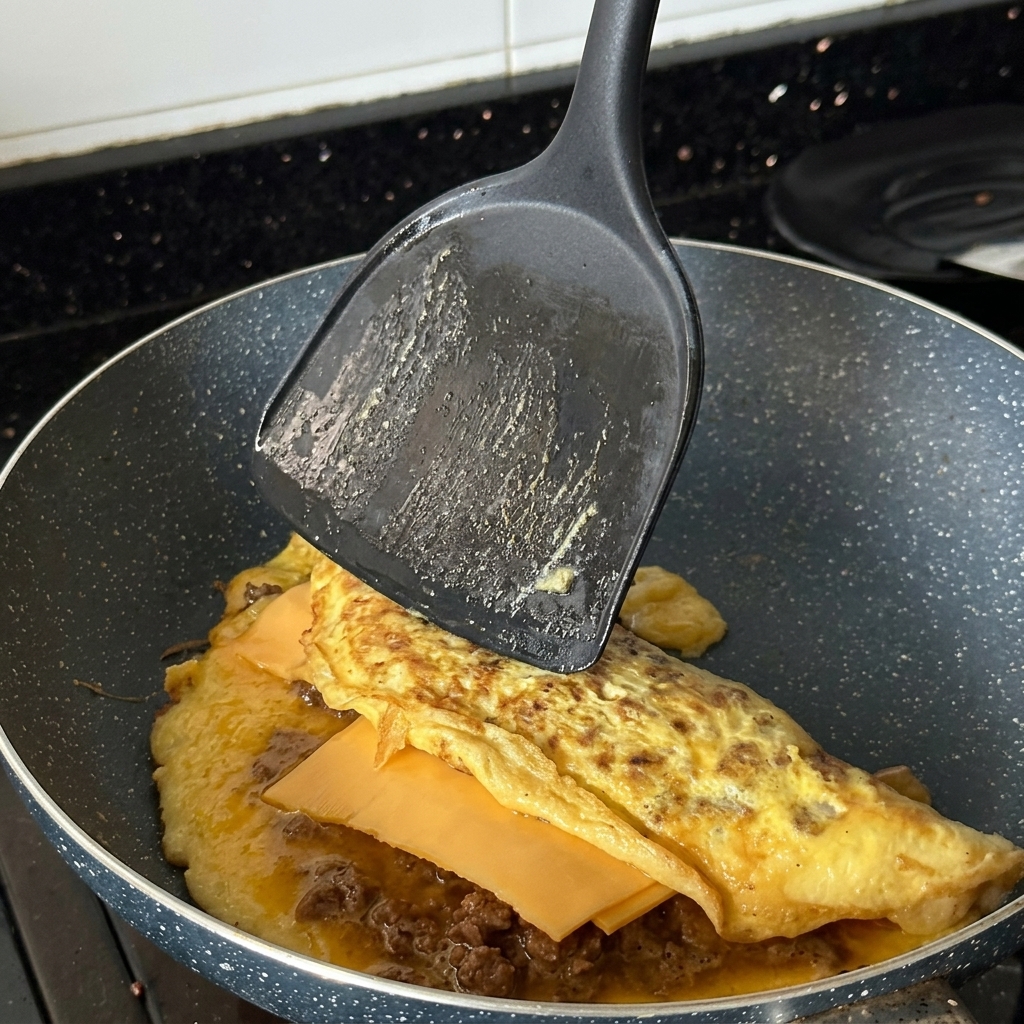 Czarna łopatka składająca złocisty omlet na pół na gorącej patelni.