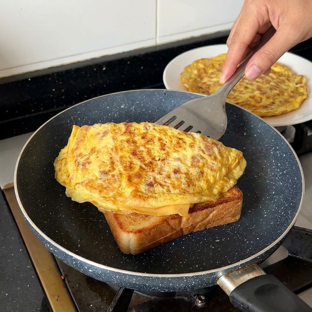 Dłoń używająca łopatki do nałożenia omletu na kromkę chleba na patelni.