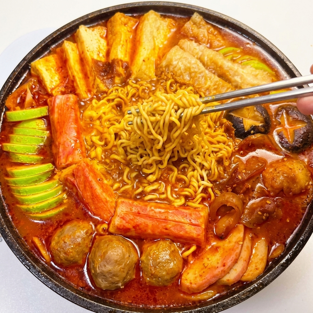Różnorodne składniki, takie jak tofu, kulki rybne, paluszki krabowe i cukinia, estetycznie ułożone w garnku na bazie z podsmażonych warzyw.