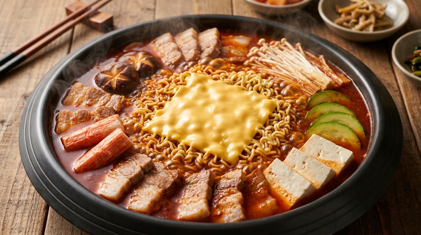 Parująca patelnia z koreańskim gulaszem Budae Jjigae, zwieńczona makaronem instant i roztopionym serem, w otoczeniu świeżych warzyw i mięs.