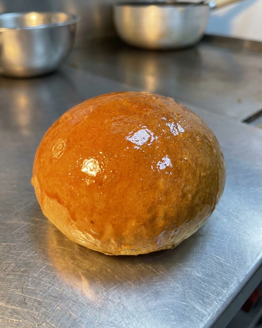 Rozkrojona bułka do burgera opiekana na patelni, pokazująca złotobrązową, maślaną powierzchnię.