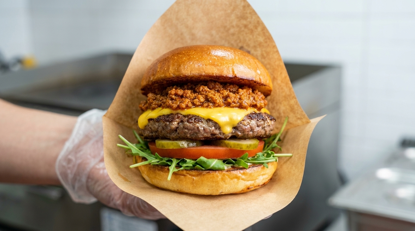Wykwintny burger z pikantnym sosem mięsnym, idealnie wysmażoną wołowiną, roztopionym serem i świeżymi dodatkami.