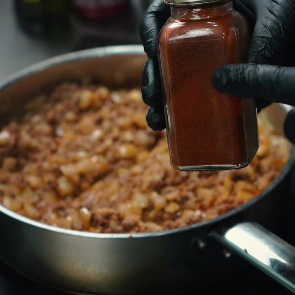 Sproszkowane chili chipotle rozsypywane po wierzchu mięsa na patelni.