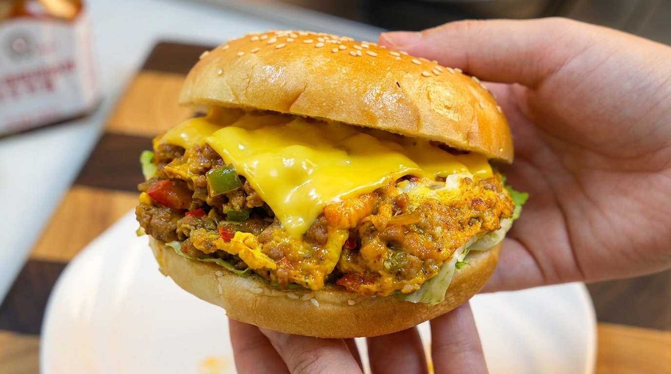 Burger z mielonym mięsem, jajkiem i zieloną papryką