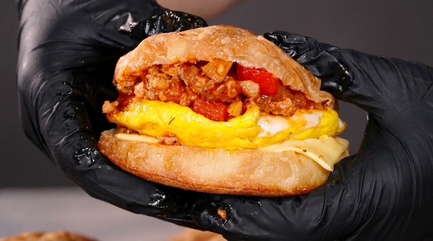 Śniadaniowy Burger z Mięsną Szakszuką w Stylu Europejskim