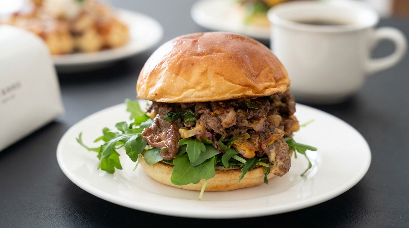 Sycący, bogaty burger wołowy z mięsem smażonym metodą stir-fry, roztopionym serem i świeżą rukolą w opiekanej bułce brioche.