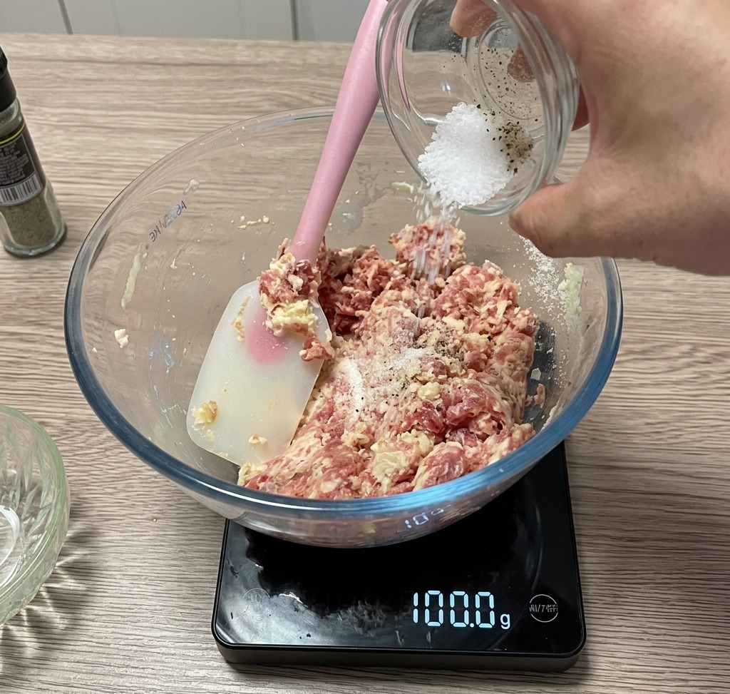 Przyprawy dodawane do miski z mięsem na wadze kuchennej.