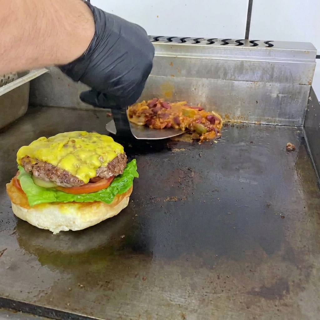 Gotowy meksykański burger wołowy z serem i sosem chili.