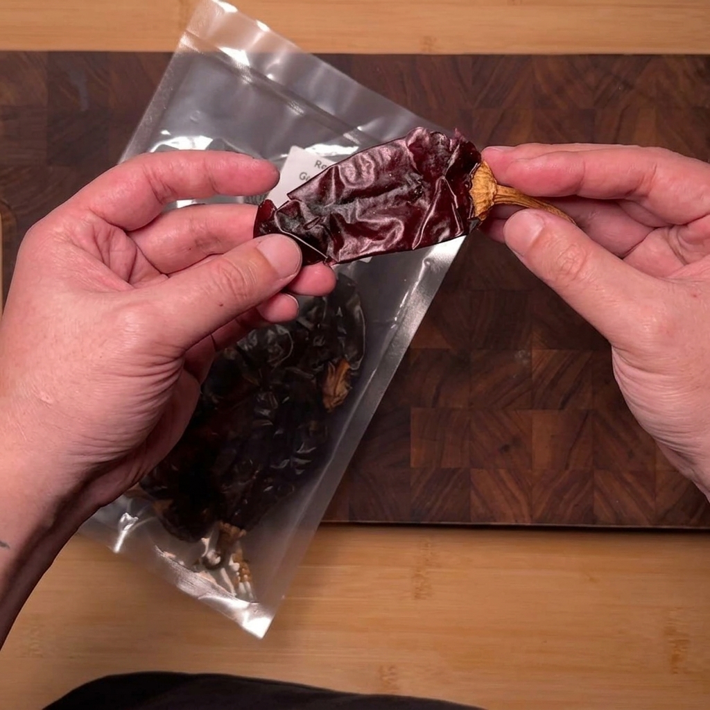 Suszone papryczki Guajillo krojone na małe kawałki nożyczkami nad miseczką.