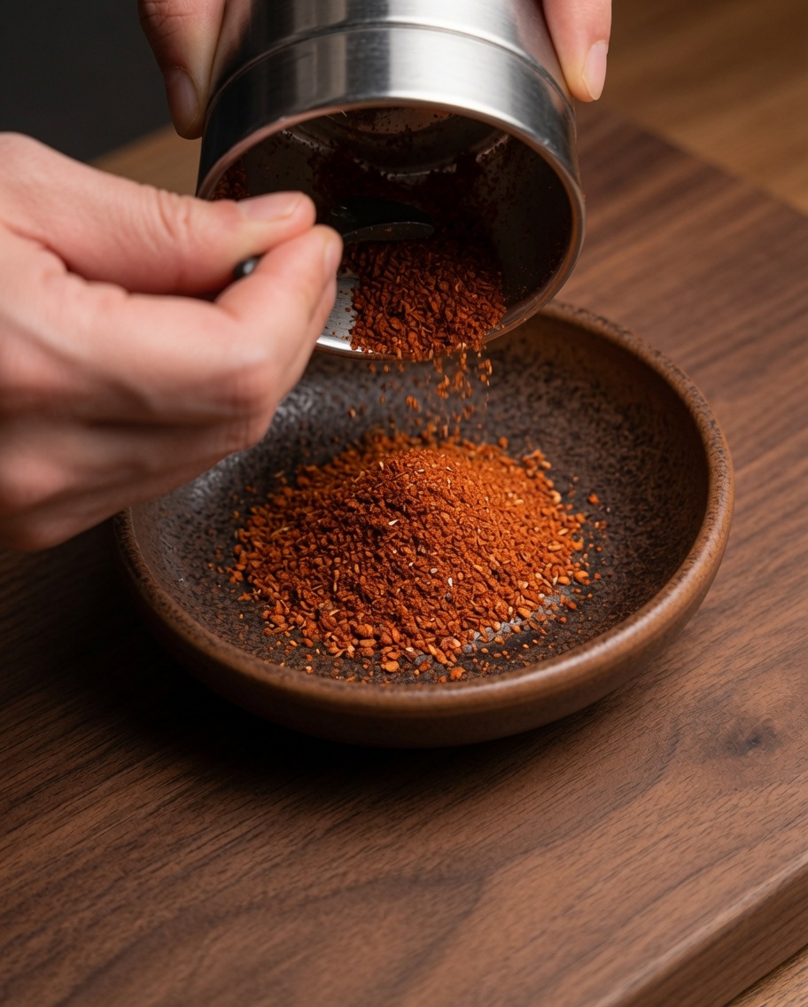 Młynek do przypraw przesypujący świeżo zmielone czerwone chili i przyprawy do miseczki.
