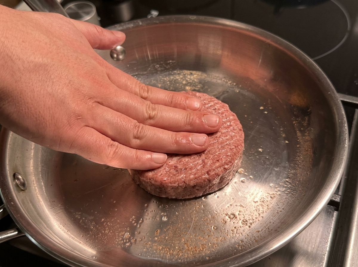 Kotlet wołowy dociskany do patelni ze stali nierdzewnej w celu uzyskania przypieczonej skórki.