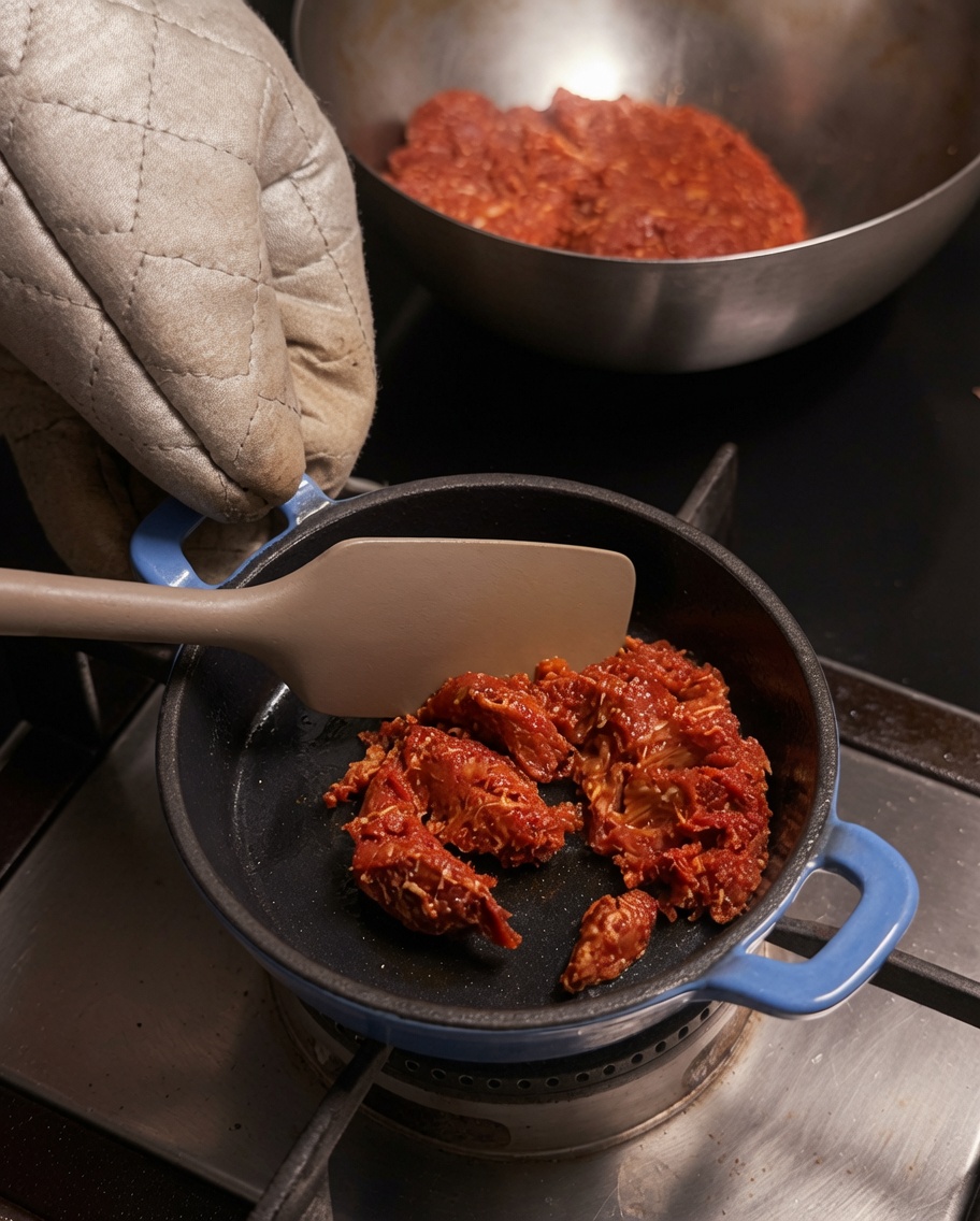 Mieszanka mięsa chorizo gotowana i rozdrabniana łopatką na niebieskiej patelni.