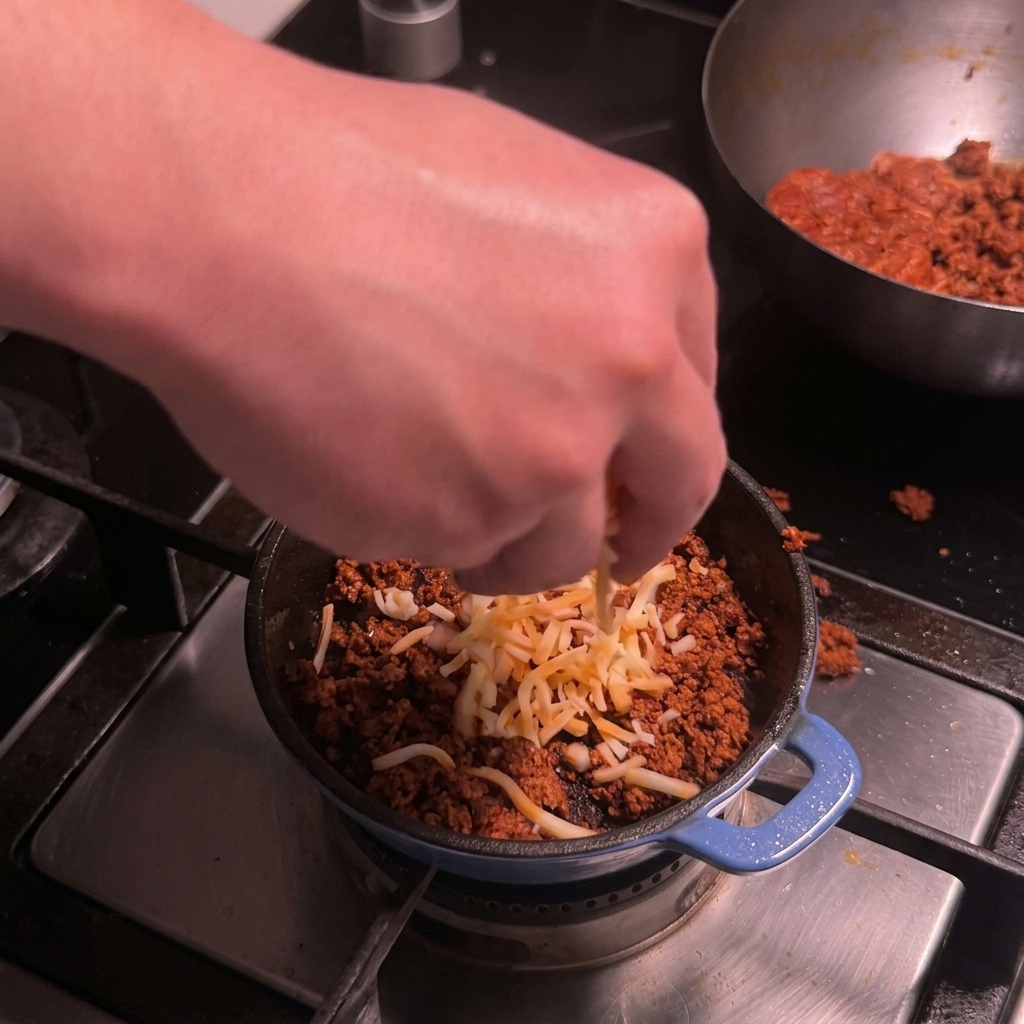 Zbliżenie na starty ser Colby Jack mieszany z usmażonym mięsem chorizo na patelni.