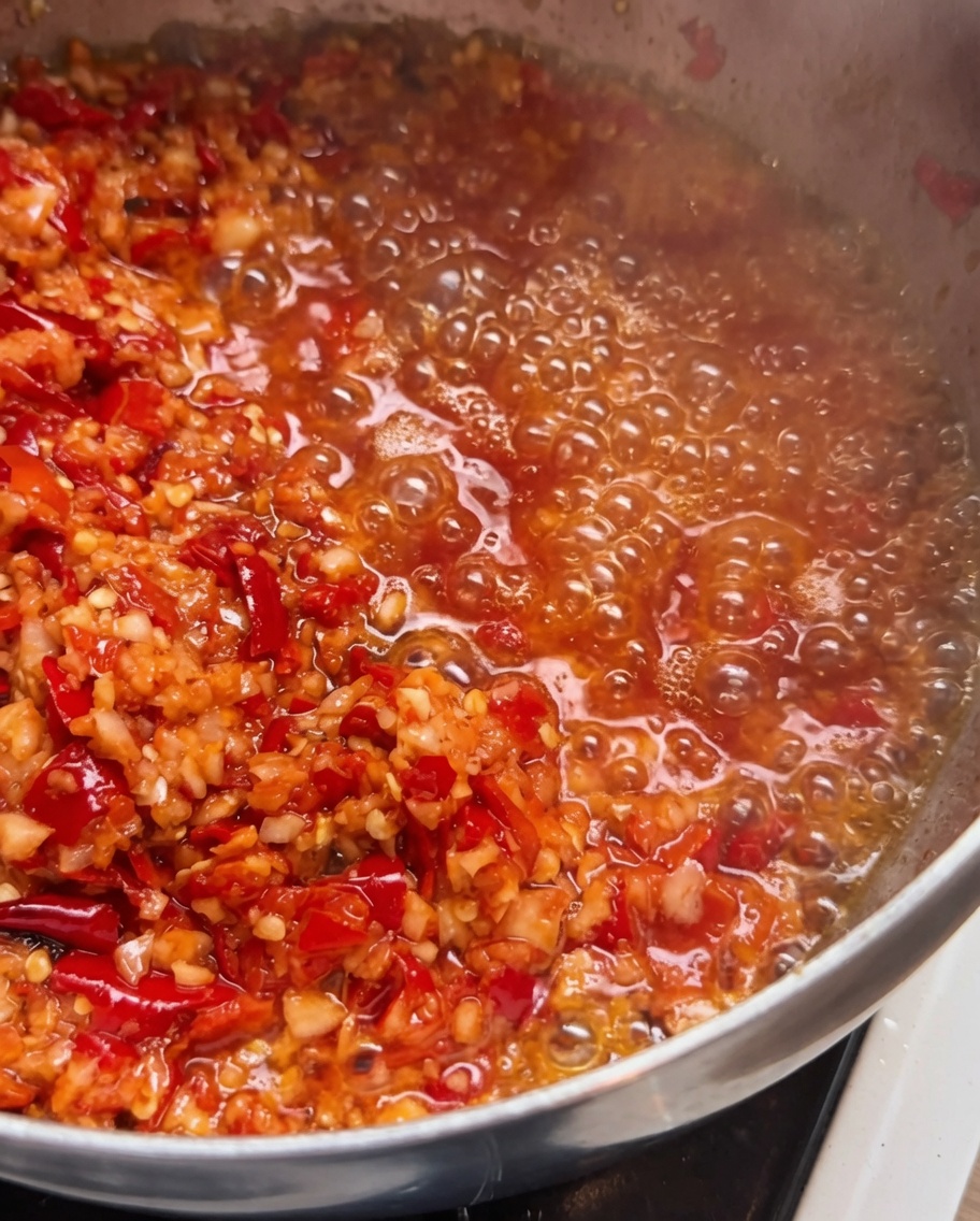 Patelnia z podsmażoną pastą z chili, do której dodawane są kawałki pieczonych papryczek oraz kawałek masła.