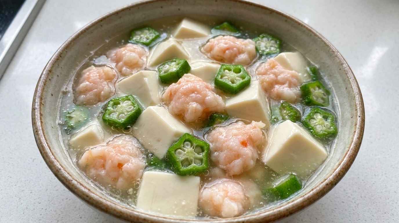 Zupa z okrą, pastą krewetkową i tofu