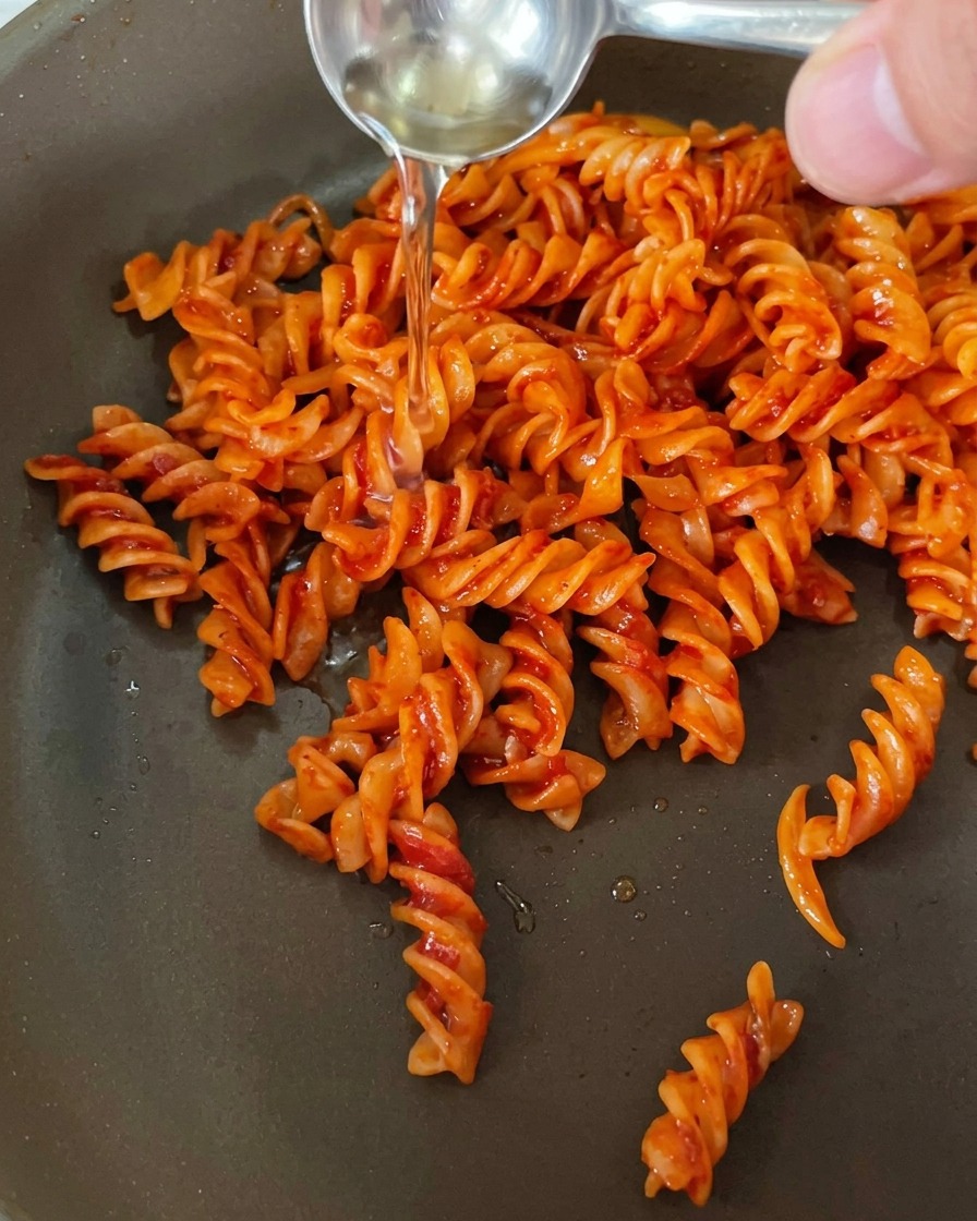 Zbliżenie na patelnię z makaronem i czerwonym sosem, dłoń wlewająca przezroczysty płyn w celu flambirowania.