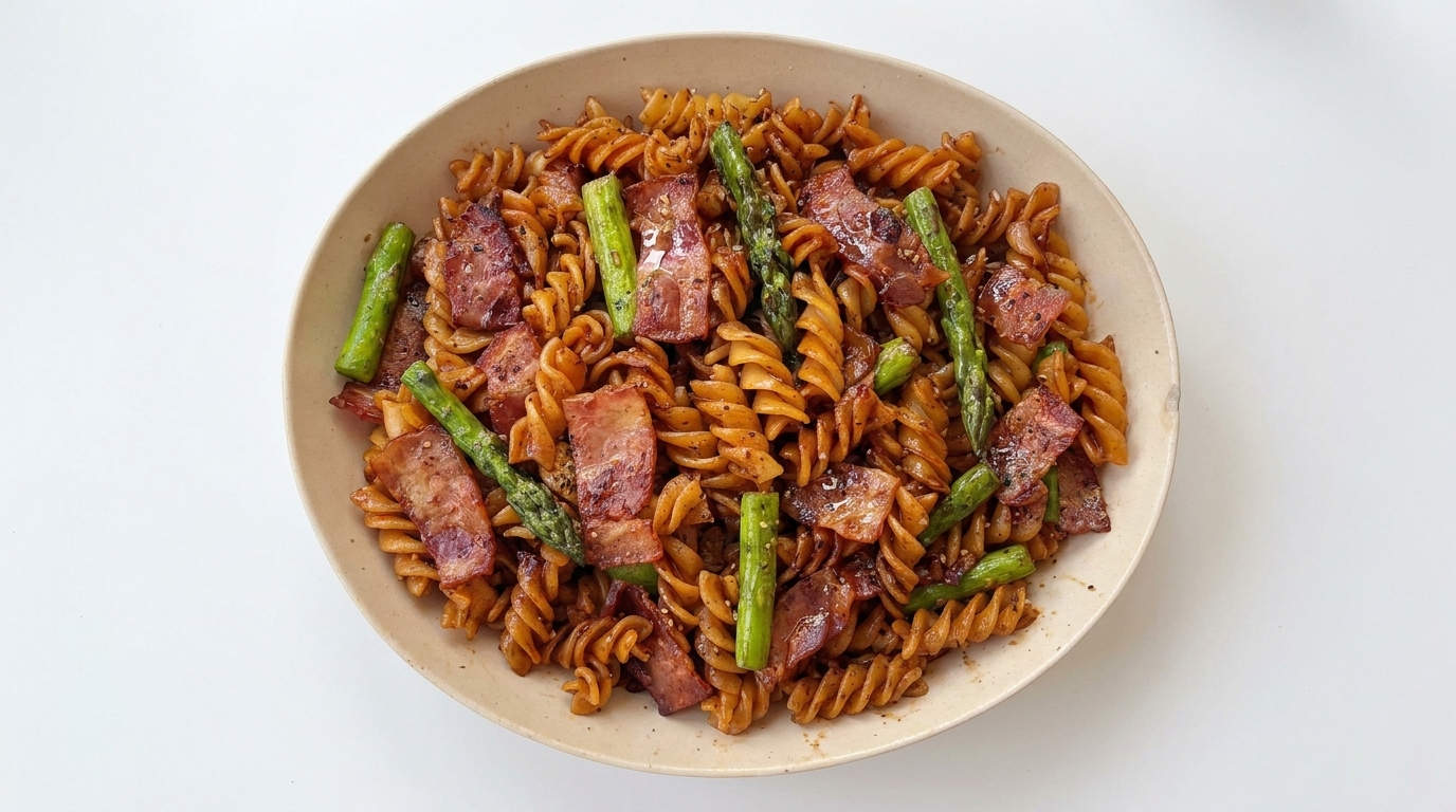 Wytrawne fusilli z boczkiem i szparagami
