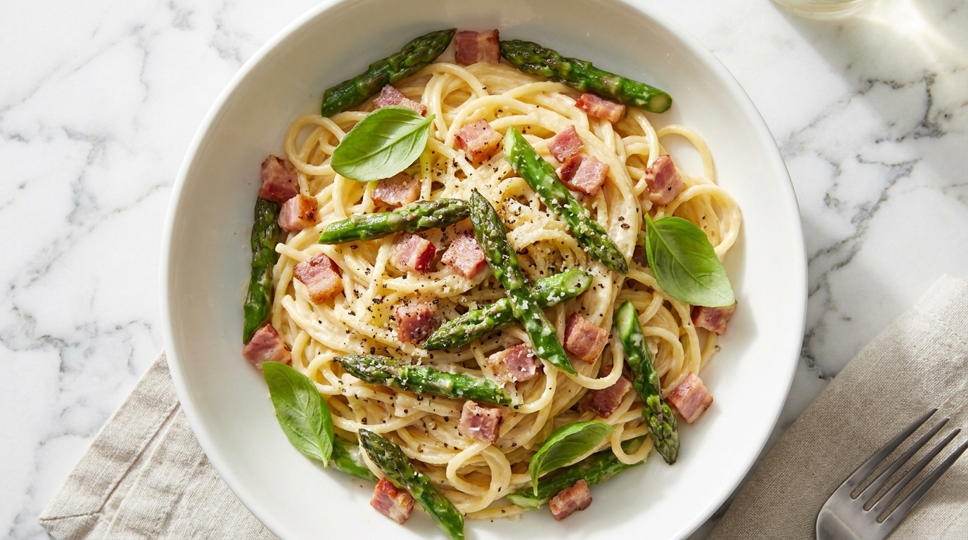 Kremowe spaghetti ze szparagami i boczkiem