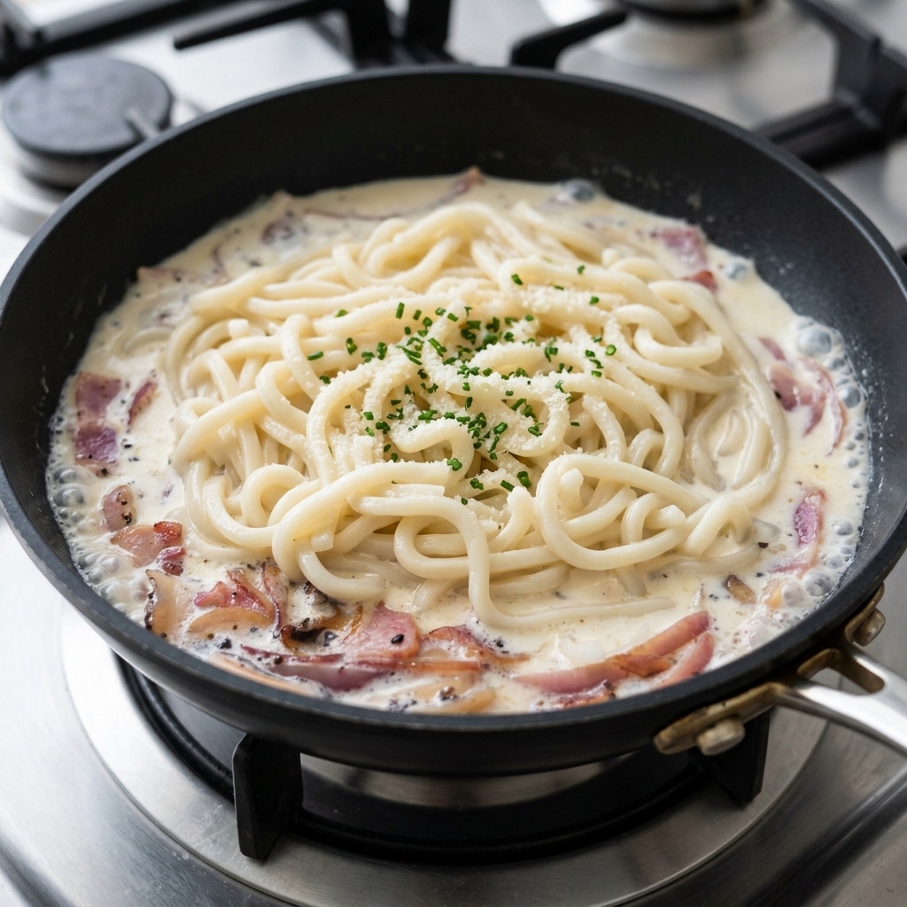 Ugotowany makaron udon dodany do patelni z sosem.
