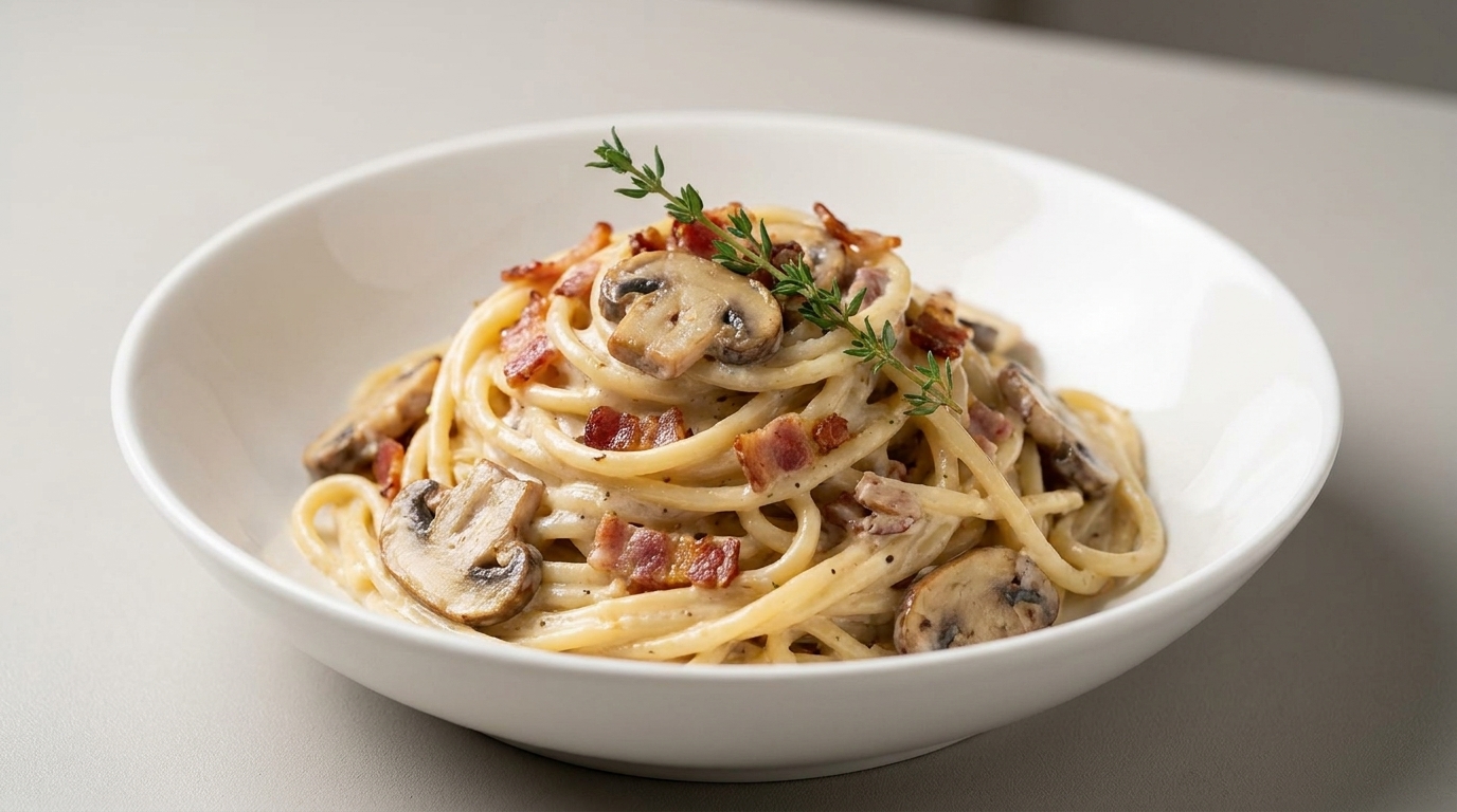 Kremowe spaghetti z boczkiem i pieczarkami, udekorowane gałązką świeżego zioła.