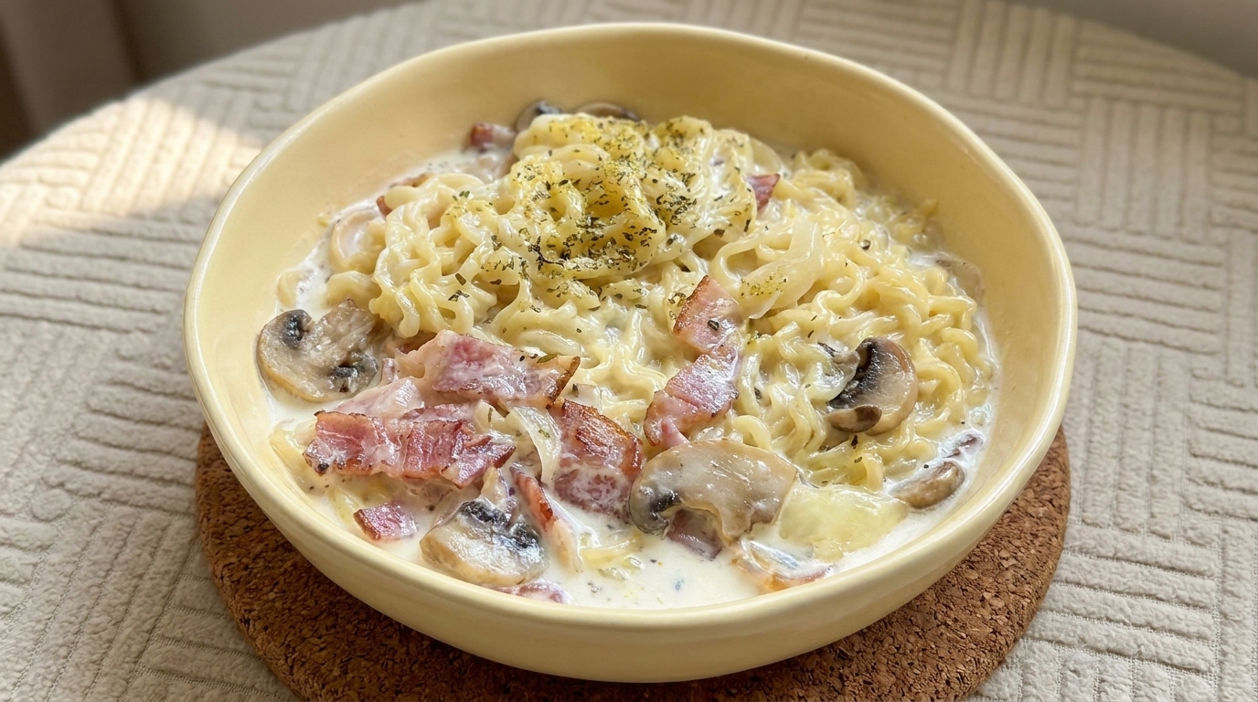 Kremowy ramen z pieczarkami i boczkiem