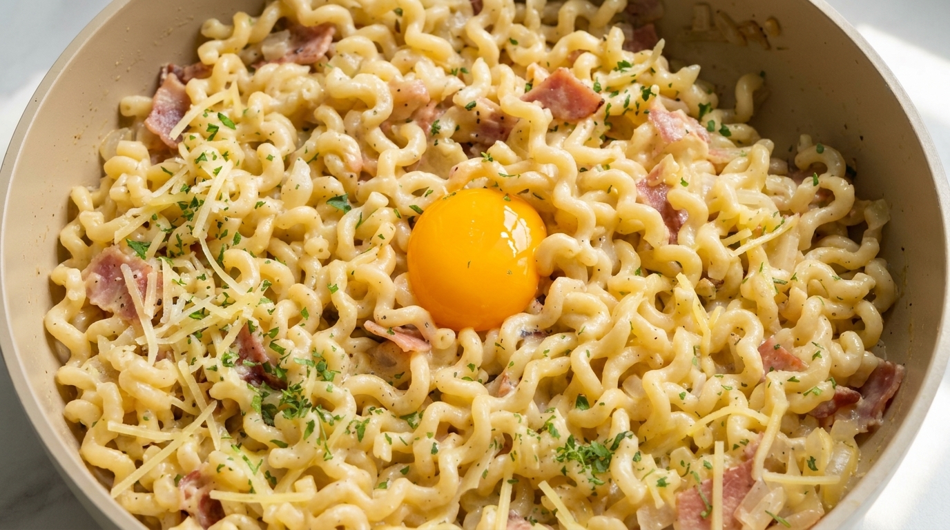 Kremowa Carbonara z boczkiem i makaronem typu curly