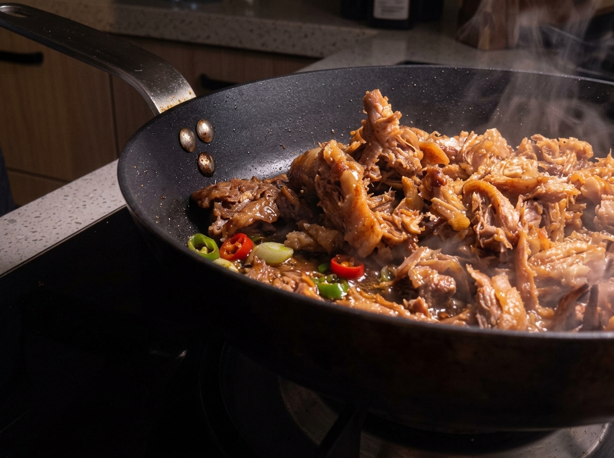 Posiekane anchois smażone na patelni z karmelizowaną cebulą i kawałkami chili.